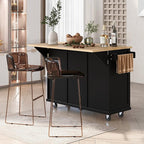 Yayzy Rolling Kitchen Island with 2 Bar Stools, Drop Leaf, Cabinet Door Storage Racks & 3 Drawers, Mobile Kitchen Cart with Rubberwood Top & Locking Wheels for Dining Room & Kitchen, 53-Inch, Black