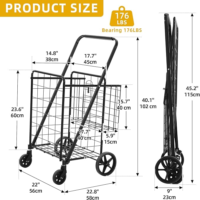 DWVO Jumbo Folding Shopping Cart with Wheels, Rolling Foldable Grocery Cart with Double Basket, Portable Collapsible Utility Cart for Shopping Groceries Laundry Storage Organizer