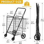 DWVO Jumbo Folding Shopping Cart with Wheels, Rolling Foldable Grocery Cart with Double Basket, Portable Collapsible Utility Cart for Shopping Groceries Laundry Storage Organizer