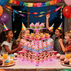 Cupcake Stand – Premium Cupcake Holder – Cady Bar Party Décor – 4 Tier Acrylic Tower Display for Pastry + LED Light String – Ideal for Weddings, Birthday (Pink Light)