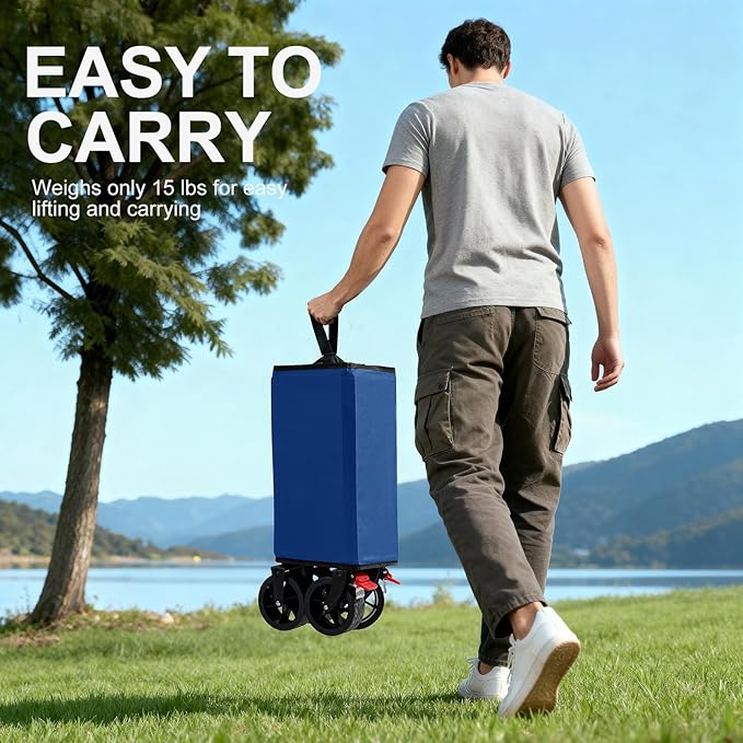 Collapsible Wagon with Wheels,Wagons Carts Foldable Wagon Cart with Flexible Handle, Lightweight Portable Folding Utility Grocery Shopping Cart for Grocery Sports Garden Camping(Blue)