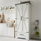 JXQTLINGMU Farmhouse Kitchen Pantry Cabinet - 72" Tall Wood Kitchen Storage Cabinets with Adjustable Shelves & 2 Barn Style Doors & Drawer, Versatile Storage for Dining Room, Bathroom, Antique White