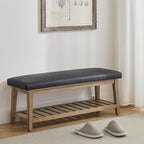 Entryway Bench, PU Leather Upholstered Shoe Benches for Bedroom, Ottoman Bench with Solid Wood Shelf, Storage Bench for Hallway, Living Room(Black)
