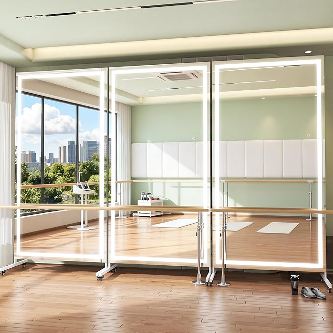 Hasipu Home Gym Mirror with Light 360° Swivel on Wheels, 67" x 40" Extra Large Full Length Rolling LED Mirror for Yoga Studio, Bedroom, Dancing Studio, White