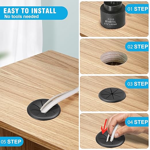 2-3/8" Black Desk Grommet, JTemgle Flexible Cable Grommet with Bi-Metal Hole Saw Rubber Cable Hole Cover Wire Organizer Caps Desktop Cord Management for Home Office TV Stands Tabletops, 7 Pieces