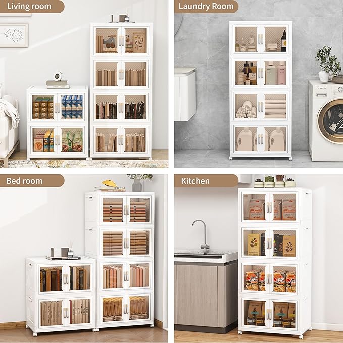 Large Clear Stackable Storage Bins with Lids, 398QT-99.5QT*4Tier Foldable Cabinet for Closet Organizers, Plastic Storage Box with Wheels White