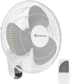 Comfort Zone 16-inch Wall Mount Fan with Remote Control, Quiet 3-Speed Operation, Timer, Adjustable Tilt – Ideal for Bedroom, Home, Gym & Office