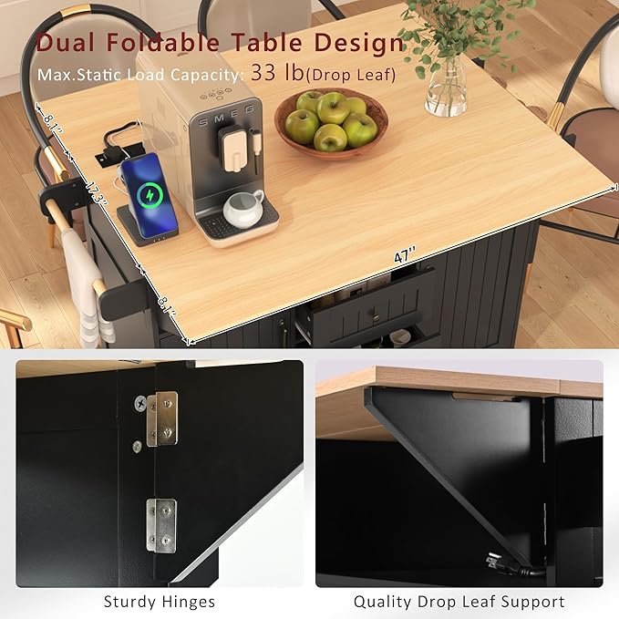 Merax 55.7" Upgraded Large Kitchen Cart Island on Wheels with 2 Drop Leaf,Power Outlet,3 Drawers,Wood Frame Storage Cabinet