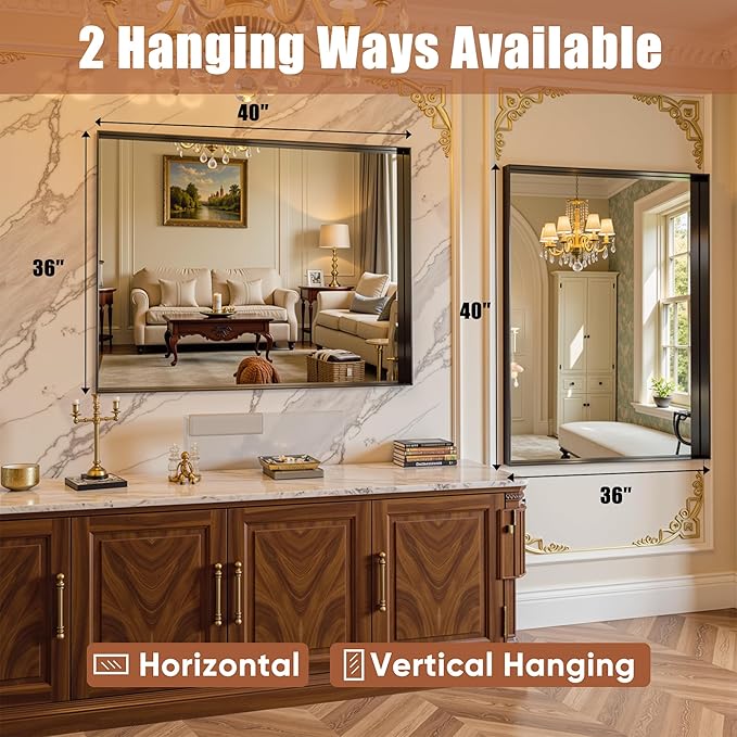 40"x36" Black Framed Bathroom Mirror, Large Rectangular Vanity Mirror, Aluminum Metal Frame, Wall Farmhouse Modern Wall-Mounted Mirrors for Bathroom, Bedroom, Living Room, Over Sink