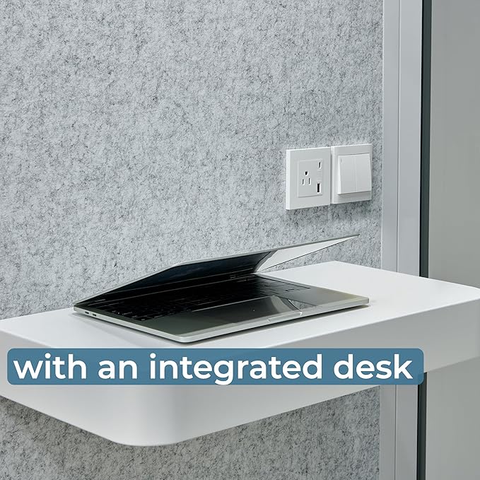 Mobile Office Pod Booth, Solo Soundproof Pod Acoustic Panels, Sound Pod Silent Ventilation, Wheels and Feet, Built-in Table, LED Lighting System, USB Ports White/Smoked Glass