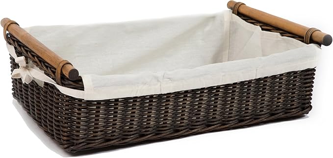 The Basket Lady Low Pole Handle Wicker Storage Basket, Small, 15 in L x 9 in W x 5 in H, Antique Walnut Brown