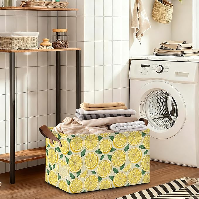 Lemon Storage Bin with Handles, Basket Storage Organizer for Shelves, Closet, Nursery, Book, Laundry Hamper & Home Decor