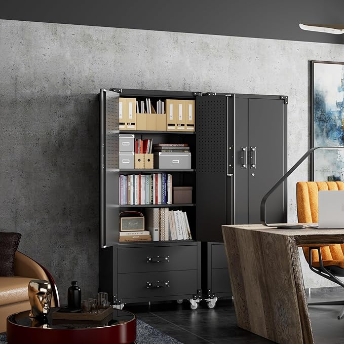 Garage Storage Cabinet with 2 Drawers and Pegboard, Metal Storage Cabinet with 2 Lockable Doors for Garage Home Office,Required Assembly,Black,71.2" H*15.2" D*30" W