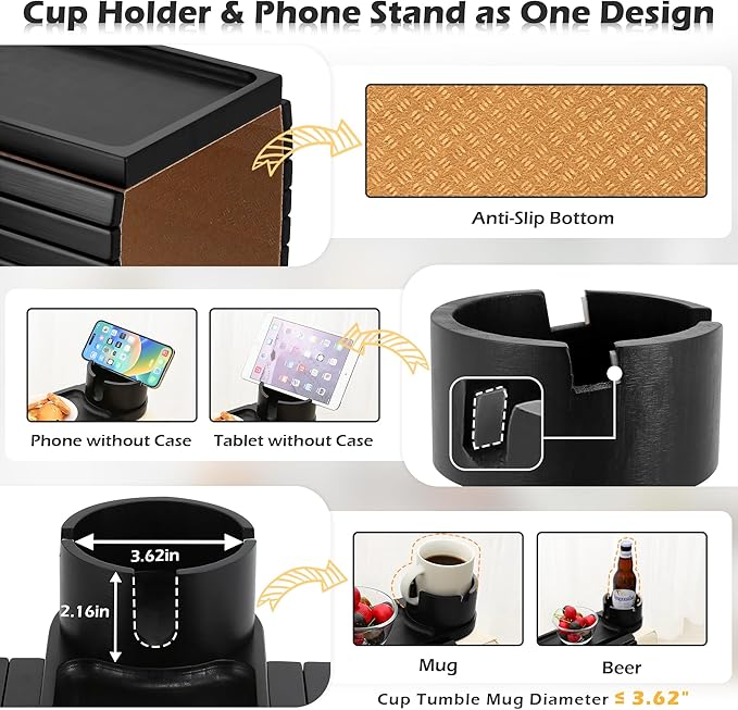 Couch Cup Holder Tray, 15.75" Bamboo Cup Holder for Couch, 3 in 1 Foldable Arm Chair Clip on Side Tray Table for Remote Snack Table on Armrest