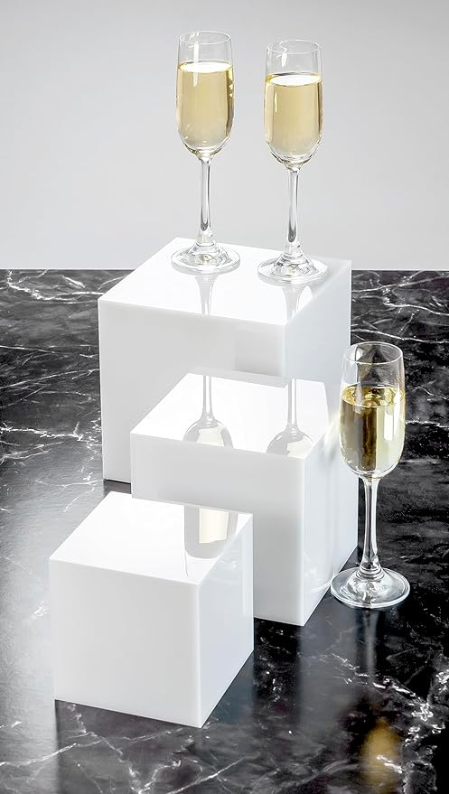 Red Co. Set of 3 Glossy White Acrylic Cube Display Nesting Riser Stands with Hollow Bottoms