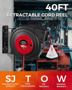 Retractable Extension Cord Reel, 40 FT Heavy Duty Power Cord, 12AWG/3C SJTOW, 3 Grounded Outlets Lighted Triple Tap, 15 Amp Circuit Breaker, UL Listed, Red R40CR06