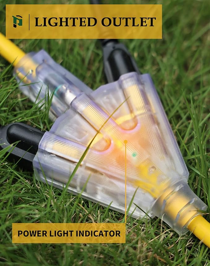 6Ft 12/3 Outdoor Extension Cord with 3-Outlets, Heavy Duty 12 Gauge 3 Prong Extension Cord Waterproof with Lighted end, 15A 12AWG 1875W SJTW, ETL Listed - Great for Garage, Garden and Home, Yellow