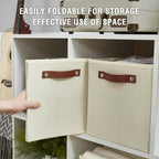 Collapsible Fabric Storage Cube Bins with 2 Reinforced PU Handles, Foldable Storage Organizer Baskets for Closet, Shelves, Living Room | 11"x11"x11", 4 Pack, Full Beige