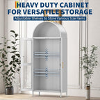 PioneerWorks 73" Arched Metal Storage Cabinet with Glass Door | 2 Adjustable Shelves | Arch-Top Storage Unit for Pantry, Living & Dining Rooms - White with Legs