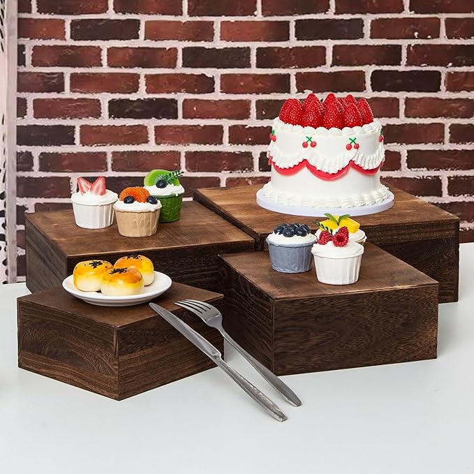 4 pieces wooden cake stands,antique brown cupcake stands for display,12 inches square wooden crates ,wood display risers for wedding,birthday party,Christmas,etc. (Antique Brown)