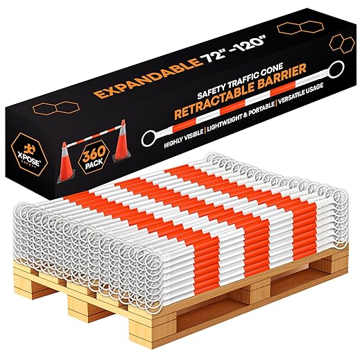 Retractable Barrier for Safety Traffic Cones - 2" OD - Large Yellow and Black Bar Barricade - for Road Construction, Parking, Warning, Temporary Security Divider (360, Orange & White, 72" x 120")