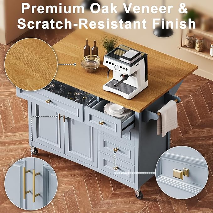 52" Retro Kitchen Island with Storage, Embossed Texture Kitchen Island on Wheels with Drop Leaf, Adjustable Shelf & Oak Veneer Tabletop, Spice/Towel Rack, Blue