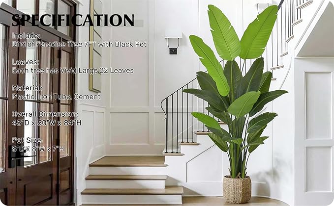 Artificial Bird of Paradise Tree 7FT 22 Leaves Tall Large Fake Faux Tropical Banana Plant 84 Inch Black Pot for Indoor Home Office Poolside Porch Mall Hotel School Decor Housewarming Gift
