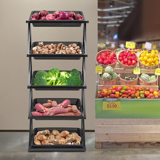 5 Tiers Retail Display Rack, Single Row Commercial Market Shelf Fruit and Vegetable Basket Stand Rack Set Snack Pantry Shelf Unit for Kitchen, Office, Store