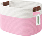 Cotton Rope Basket, Storage Baskets with Handle, 15x10x9 Inch Woven Basket for Shelves, Laundry, Towels, Clothes, Books (White/Pink 1Pack)