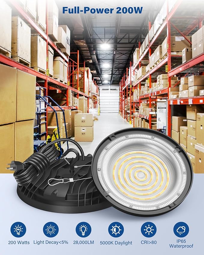 200W UFO LED High Bay Light, 28,000LM LED Shop Lights Fixture, 5000K, Replace 600W Halogen, 120VAC, Plug & Play Lighting for Warehouses, Workshops, Garages, and Barns – ETL Listed, 2 Pack
