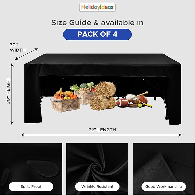 HolidayIdeas Open Back Rectangle Black Table Covers for 6 Foot Table, Wrinkle Resistant Washable Tablecloths 72x30 Inch for Craft Fairs, Banquets, Trade Show Display, 4 Pcs