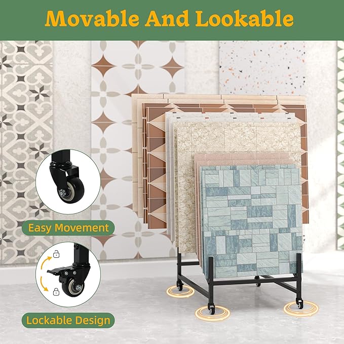 12-Tier Tile Sample Display Stand, Rolling Tile Sample Storage Rack, Metal Floor Tile Display Stand, Building Material Display Shelf, Slotted Tile Display Rack, Floor Sample Holder for Exhibition Hall