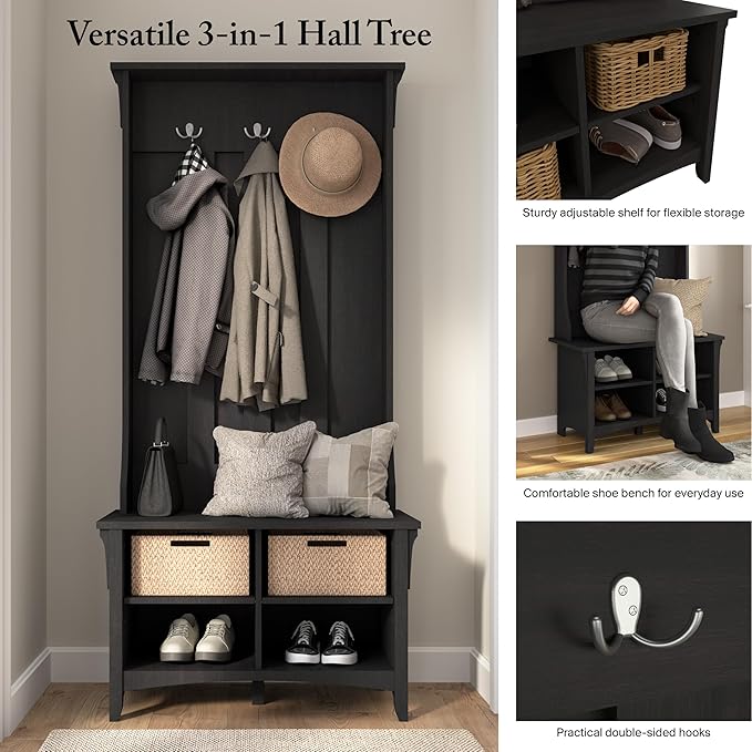 Bush Furniture Salinas Hall Tree with Shoe Storage Bench in Vintage Black, Multi-Purpose Home Organizer, Entryway Solution with Seating and Hooks