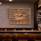 Large World Map Shot Glass Display Case 60 Slots 34 X 26''Rustic Brown Wood Holder for 2 Different Size Shot Glass In Living Rooms Bars Wine Cellars Used for Jewelry Stones & Shell