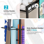 Large Garage Sports Equipment Organizer with Wheels, 3-Tier Ball Storage Rack for Basketballs, Soccer Balls & Sports Gear, Outdoor Sports Organizer with Bat Holder & Hooks, Toy Storage Bin