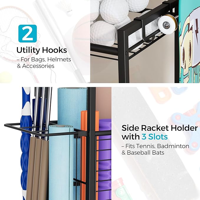 Large Garage Sports Equipment Organizer with Wheels, 3-Tier Ball Storage Rack for Basketballs, Soccer Balls & Sports Gear, Outdoor Sports Organizer with Bat Holder & Hooks, Toy Storage Bin