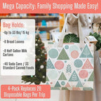 VENO 4 Pack Christmas Reusable Grocery Bags, Heavy-Duty Shopping Bags with Handles, for Shopping Cart with Hard Bottom to Stand Upright, Foldable (Pastel Forest, 4 Pack)