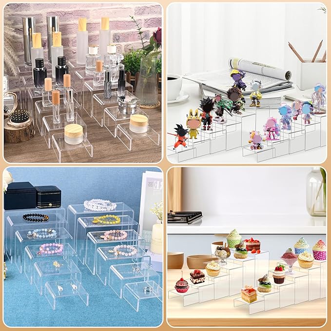 12 Pcs Acrylic Display Risers, 2 Sets Small Size Clear Acrylic Risers, 0.15" Thick Display Stands for Dessert, Cupcake, Candy, Figure & Jewelry Showcase