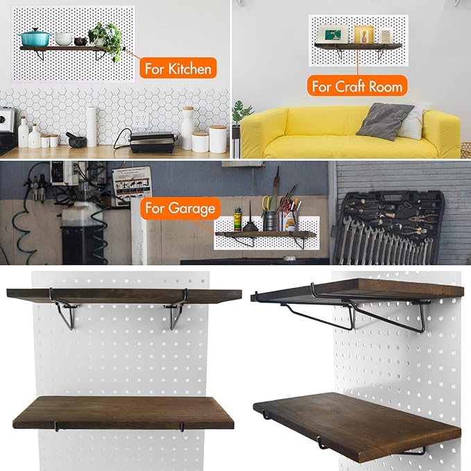 G.CORE 2 Pack Wooden Pegboard Shelves with Brackets, Peg Board Shelf Hooks Assortment Organizer Accessory, Various Tools Storage Arrange System Kit, for Garage Craft Workshop Workbench Hobby Office