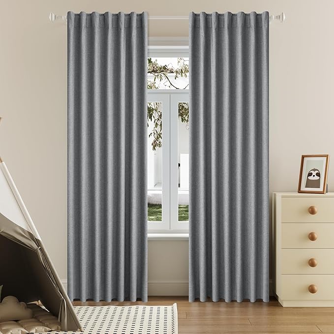 DUALIFE 100% Blackout Linen Grey Curtains 84 Inch for Living Room Darkening, Bedroom Linen Drapes 84 Inches Long Rod Pocket/Back Tab Heat Blocking Bohemian Pleated Window Curtain(50"x84"x2)