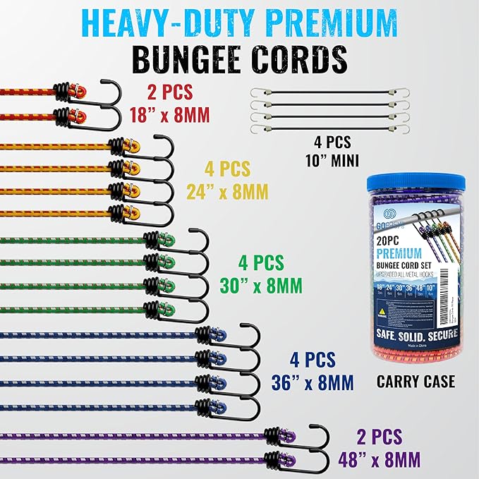 GOEASY0312 Premium Bungee Cords Heavy Duty - 20 pcs Bungee Cords with Hooks in A Storage Jar Includes 10", 18", 24", 30", 36", 48" Bungie Cord Bundle