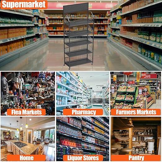 5 Tier Supermaket Snack Rack Heavy Duty, Rolling Retail Display Stand with 15 Hooks & Soild Panel Shelves, Multifunctional Metal Snack Shelf for Store Business