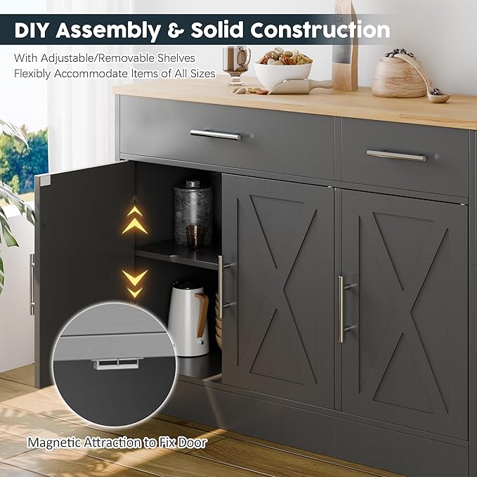 SUNLEI Kitchen Buffet Sideboard Cabinet, Wooden Storage Cabinet with 3 Doors & 2 Drawers, Modern Farmhouse Coffee Bar Cabinet with Storage for Living Room, Adjustable Shelf, Grey