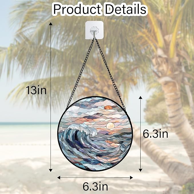 Stained Glass Window Hanging, Sunrise Waves Sun Catchers Diamond Glass Panel Hangings Abstract Suncatcher Decor for Birthday for Women, Men, Wife, Aunt, and Mom 6.3 in