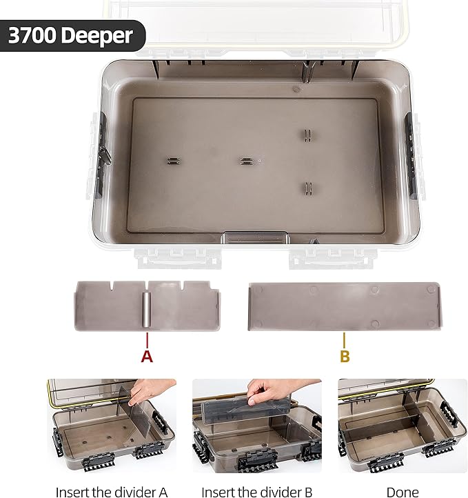 RUNCL Fishing Tackle Box, Waterproof Tray for Jigs Lures, Thicker Floating Tackle Utility Box with Adjustable Dividers, 3600/3700/Large 3700 Size