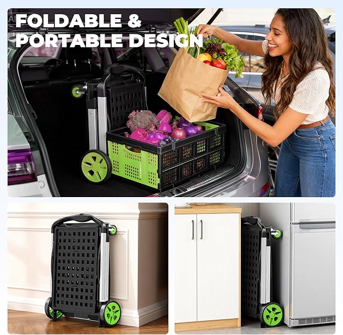 Collapsible Shopping Cart with Wheels, 8-in-1 200LBS Capacity Grocery Cart on Wheels with 2 Storage Crate, Folding Utility Cart for Shopping, Travel, Supermarket, Office, Green