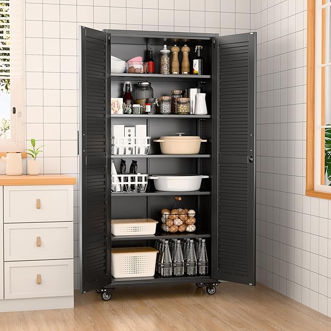 Garage Storage Cabinet with Wheels, Lockable Metal Storage Cabinet with 5 Adjustable Shelves, Magntic Door for Garage Home Office Utility Room,Required Assembly,Black,70.87"H x 31.5"W x 15.75"D