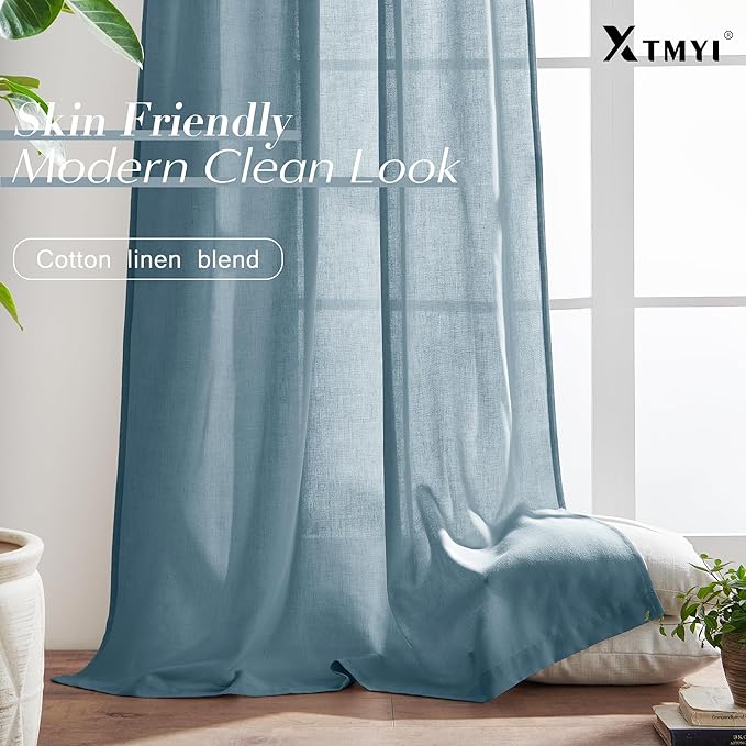XTMYI Dusty Blue Curtains 96 Inches Long for Living Room,Light Filtering Country Vintage Hooks Pleated Back Tab Semi Sheer Linen Curtains for Bedroom 2 Panels Set,Stone Blue