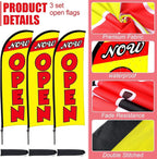 Buryeah 3 Sets Now Open Feather Flag Pole Kit for Business Advertising 7 ft Open Flag Banner Sign with Pole Kit Ground Stake and Portable Bag for Outside Ground(Yellow)