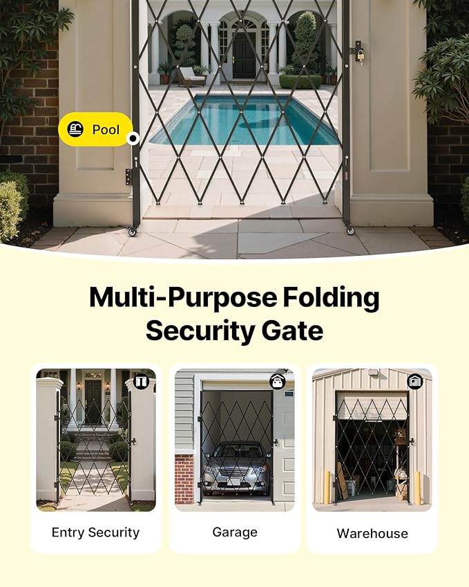 VEVOR Single Folding Security Gate, Lockable Scissor Gate with 360° Swivel Casters, Outdoor Barricade Steel Retractable Gates, for Entry Security, Garage, Warehouse & Pool, 49.61 x 77.76 in (W x H)